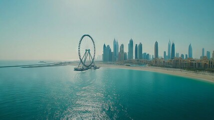 Fototapeta premium Aerial View of Dubai City with Ferris Wheel and Modern Buildings on the Blue Sea. AI generated illustration