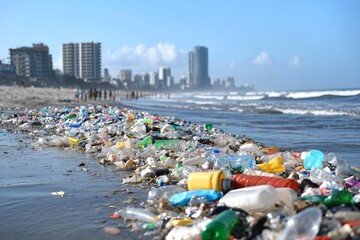 Plastic waste covers the shoreline on a sunny day near the city, highlighting pollution and environmental concerns at the beach