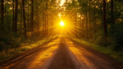 Fototapeta premium Sun rays shining through the trees in the forest, a dirt road, natural light, golden hour, forest landscape, pine tree grove, sun flare, sunset glow, evening sky, sunlight lens flares