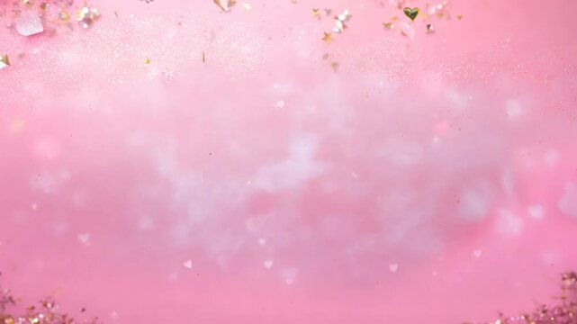 Pink and white star and heart confetti border on pink background. Love Valentine romantic atmosphere 4k video copy space