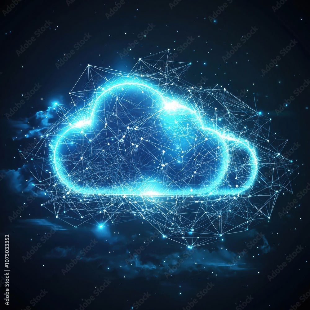 Poster Glowing cloud computing symbol connecting on dark background representing technology and internet