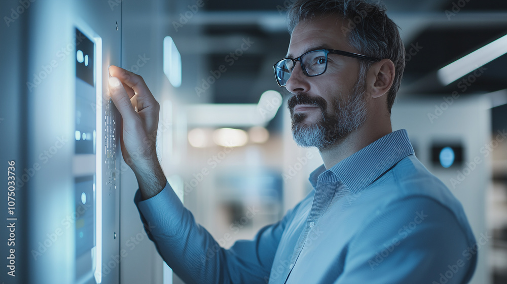Poster businessman adjusts office lighting with smart dimmer, creating modern and efficient workspace. scene highlights technology role in enhancing productivity and comfort
