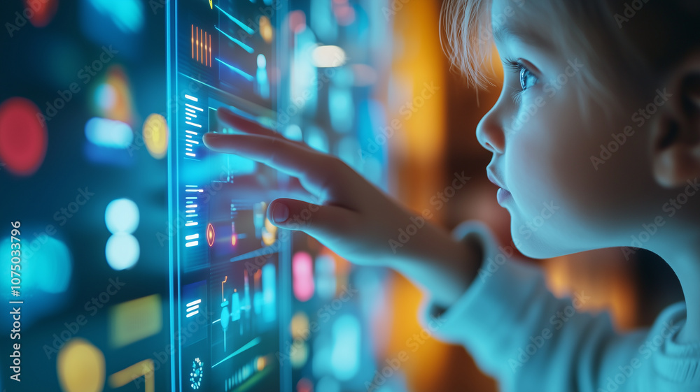 Poster child interacts with colorful digital touchscreen, exploring technology with curiosity and wonder. close up captures vibrant interface and child focused expression