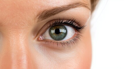 Obraz premium Close-up of woman's eye, showcasing detailed green iris and long eyelashes