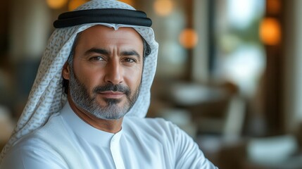 Obraz premium confident arabian business leader in a pristine white thobe, deep in thought in a sophisticated office setting, conveying ambition and leadership, illuminated by soft, ambient lighting