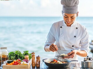 A chef preparing a delicious dish by the ocean.