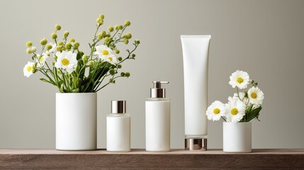 A serene display of minimalist skincare products alongside delicate flowers, showcasing beauty and elegance in a natural setting.