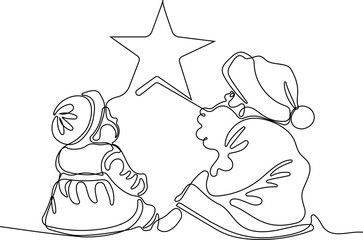 Character With A Sack Full Of Gifts. Vector Hand Drawn Illustration. One continuous line drawing Santa Claus on reindeer and sled. concept for Christmas and New Year