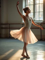 A ballet dancer is captured mid pose in a sunlit dance studio, showcasing elegance in a pale ballet skirt. The soft golden light enhances her graceful movements, emphasizing the artistry of ballet.