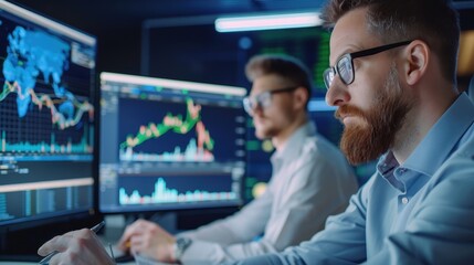 Two financial analysts focus on stock charts and market data displayed on multiple monitors, analyzing trends in a modern office setting.