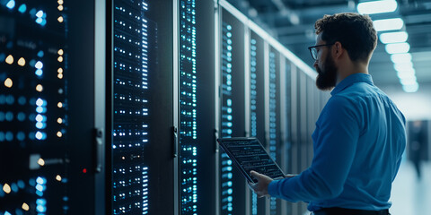man in blue shirt examines server racks in high tech data center, holding tablet. room is filled with rows of illuminated servers, showcasing advanced technology and digital infrastructure