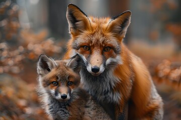 Fototapeta premium Autumn Wildlife Portrait of a Red Fox and Kit in Natural Habitat