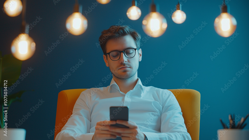 Poster young professional in minimalist office space is using smartphone, surrounded by warm lighting and m