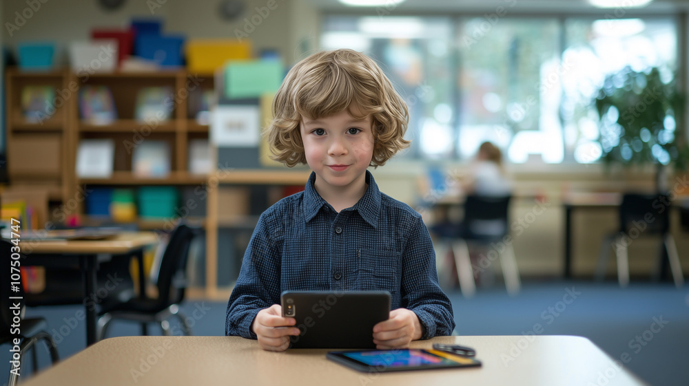 Poster young child with curly hair uses tablet in classroom setting, focusing intently. room is filled with
