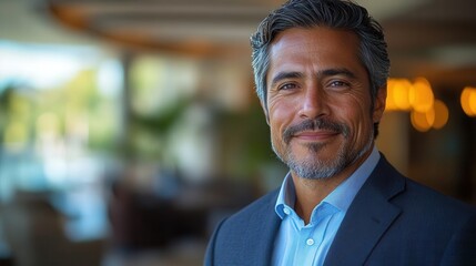 Fototapeta premium confident middle-aged hispanic businessman in a tailored suit, smiling warmly at the camera with a sleek office interior in the background, conveying leadership and professionalism