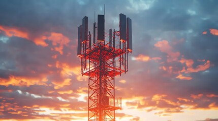 A tall red cell phone tower with antennas against a dramatic sunset sky.