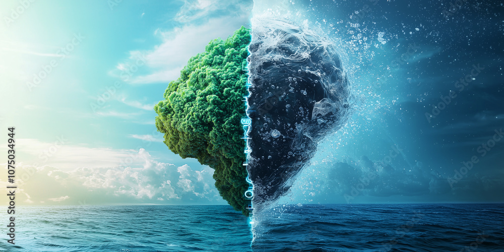 Poster conceptual image of AI as bridge between worlds, with tree and water brain symbolizing nature and technology