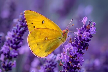 Naklejka premium Yellow Butterfly on Lavender Blossom in Vibrant Floral Setting for Nature Themes