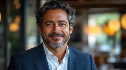 Obraz premium confident middle-aged hispanic businessman in a tailored suit, smiling warmly at the camera with a sleek office interior in the background, conveying leadership and professionalism