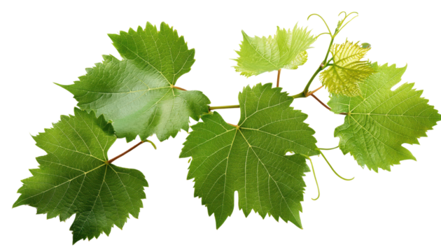 A vibrant green grapevine leaf cluster showcasing nature's lush beauty and vitality, transparent background