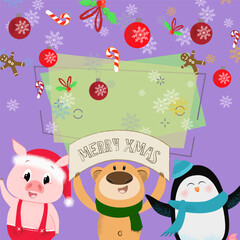 Multicolored merry Xmas poster design with cartoon trio. Illustration of bear, piglet, penguin on background with candy canes, mistletoe, snowflakes. Can be used for postcard, greeting card, leaflet