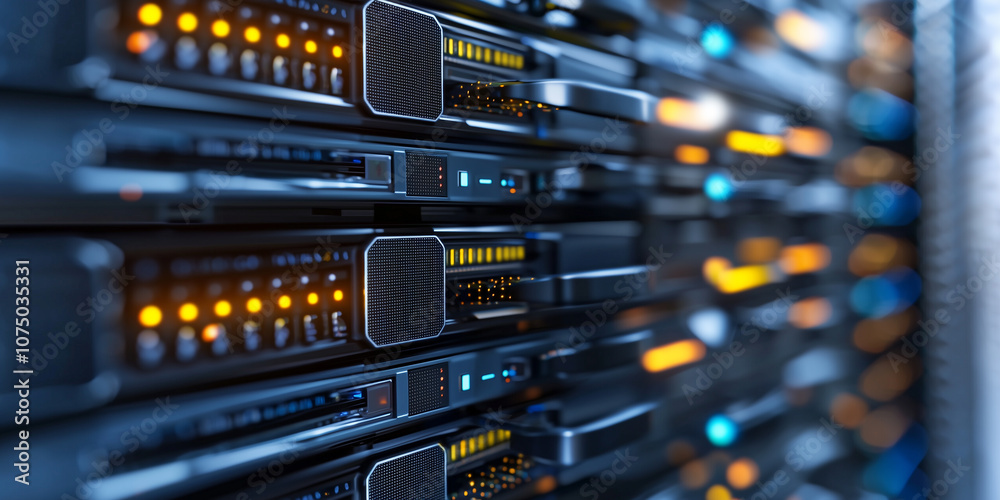 Poster futuristic data center with rows of servers, each equipped with glowing LED indicators, showcasing advanced technology and efficient design
