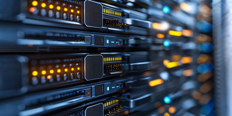 futuristic data center with rows of servers, each equipped with glowing LED indicators, showcasing advanced technology and efficient design
