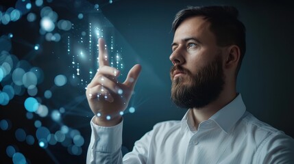Man engaging with a futuristic digital interface, reaching toward glowing data points and network connections, symbolizing innovation and technology.