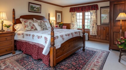 Rustic Bedroom with Floral Bedding and Antique Furniture
