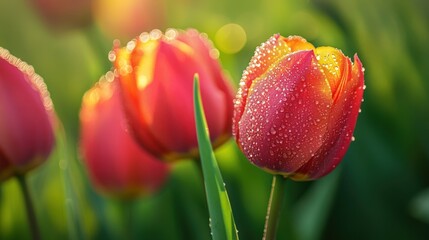 Fototapeta premium Close-up of vibrant tulips in a garden, dew drops on petals, warm morning light, blurred green background,