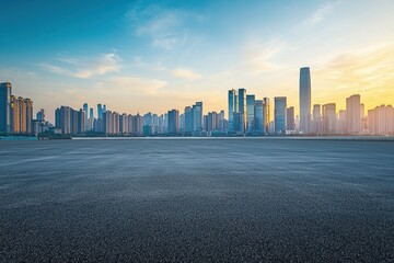 Obraz premium Empty asphalt floor and shenzhen skyline at sunset in china