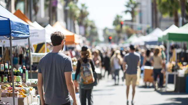lively street fair with booths offering various goods and services, bustling with people enjoying vibrant atmosphere under colorful tents on sunny day