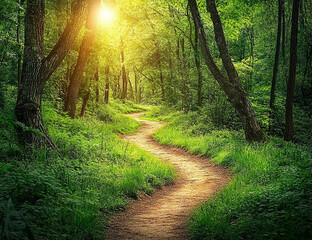 Fototapeta premium a forest path leading through an ancient woodland, with tall trees and green grasses