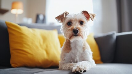 dog sitting on a couch with a yellow pillow in a home setting, natural lighting