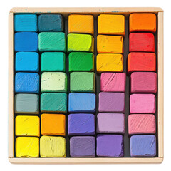 Fototapeta premium Vibrant Pastel Color Blocks in Wooden Tray on a white background.