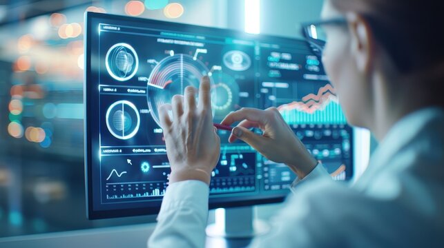 Business professional analyzing data on interactive screen, concept of digital technology and financial analytics