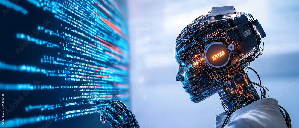 Aufkleber futuristic AI interface interacts with digital code, showcasing advanced technology and innovation. scene highlights synergy between artificial intelligence and programming in digital environment