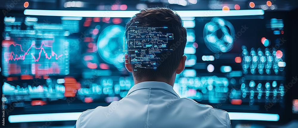 Aufkleber programmer in digital workspace surrounded by AI elements, focusing on data analysis and futuristic technology