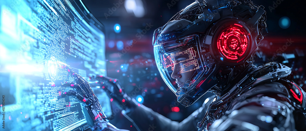 Aufkleber futuristic programmer in high tech suit intensely analyzes code on holographic screen, surrounded by glowing digital elements