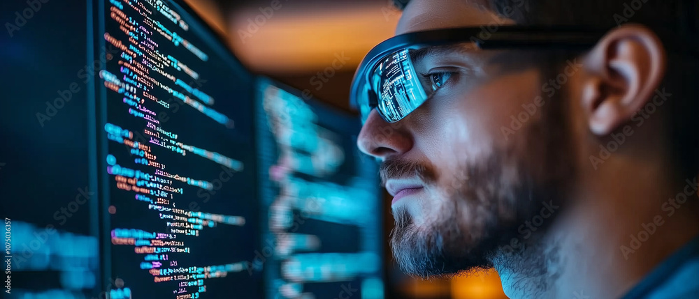 Aufkleber programmer using augmented reality glasses to debug code on computer screen, focused and immersed in high tech environment