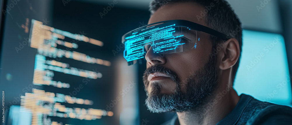 Leinwandbilder programmer uses augmented reality glasses to debug code, focusing intently on digital display