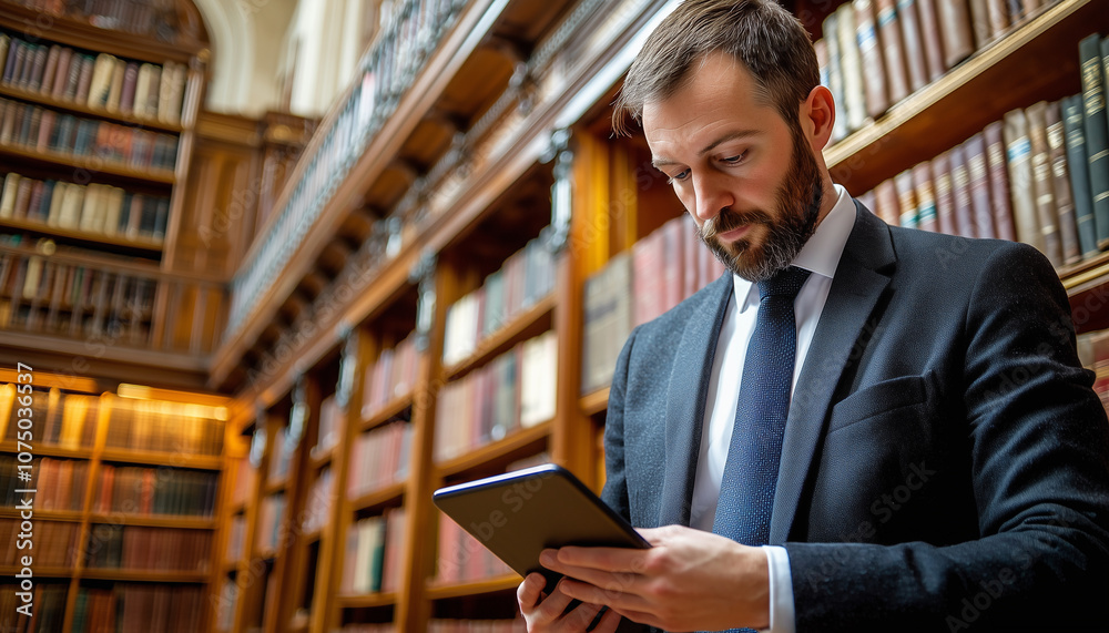 Leinwandbilder researcher in library uses digital tablet to access information, surrounded by shelves of books. set