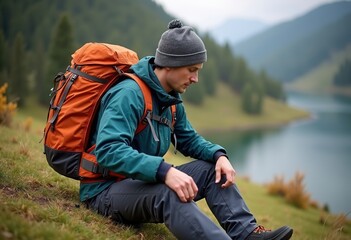 Fototapeta premium A hiker in an orange backpack takes a break near a tranquil lake embraced by lush mountains. The cloudy sky adds a soft light to the peaceful landscape, offering a moment of reflection in nature.