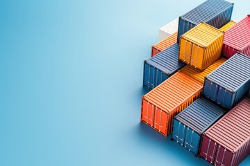 Top view of multiple stacked colorful shipping containers on a blue background, symbolizing global logistics, trade, and freight transport.