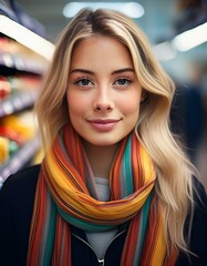 Attractive caucasian woman in her 30's in a grocery store looking at the camera with a multi colored scarf wrapped around her neck.