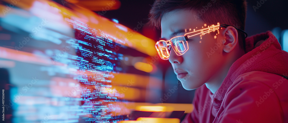 Poster young programmer intensely focused on coding, wearing futuristic glasses reflecting digital code. vibrant colors and dynamic lighting create high tech atmosphere