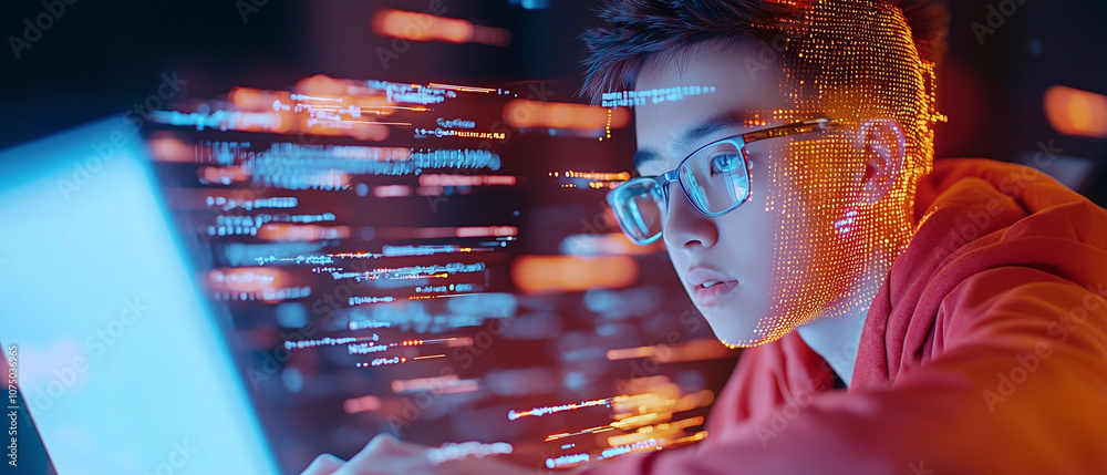 Poster young programmer intensely focused on coding, surrounded by digital data and AI generated graphics. scene is illuminated by glow of laptop screen, highlighting futuristic atmosphere