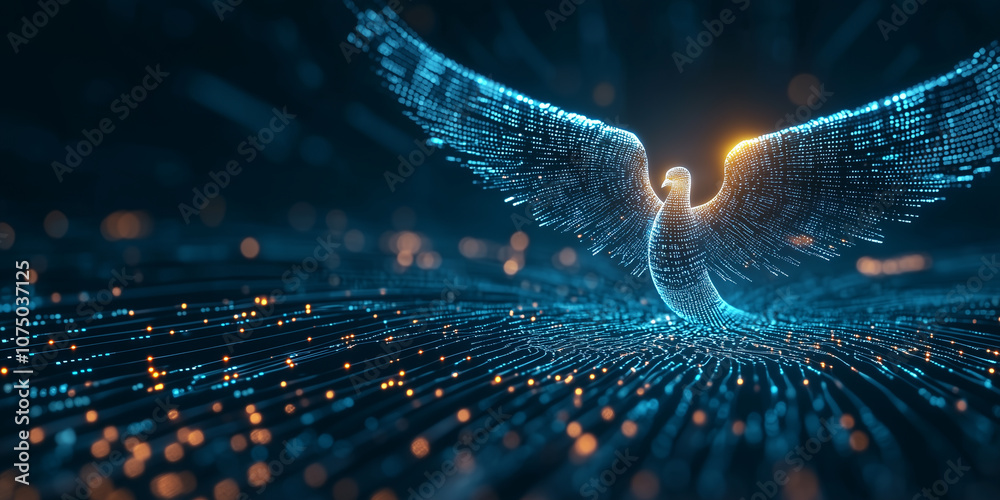 Aufkleber digital phoenix rises from sea of data, symbolizing AI transformative power and innovation. glowing lines and particles create futuristic and dynamic scene