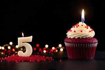 5th birthday cupcake with whipped cream, candle and number 5, isolated on dark background with empty space
