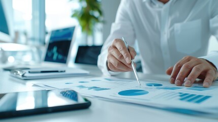 Obraz premium Business professional analyzing financial charts and graphs on paper, concept of data-driven decision making and investment strategy